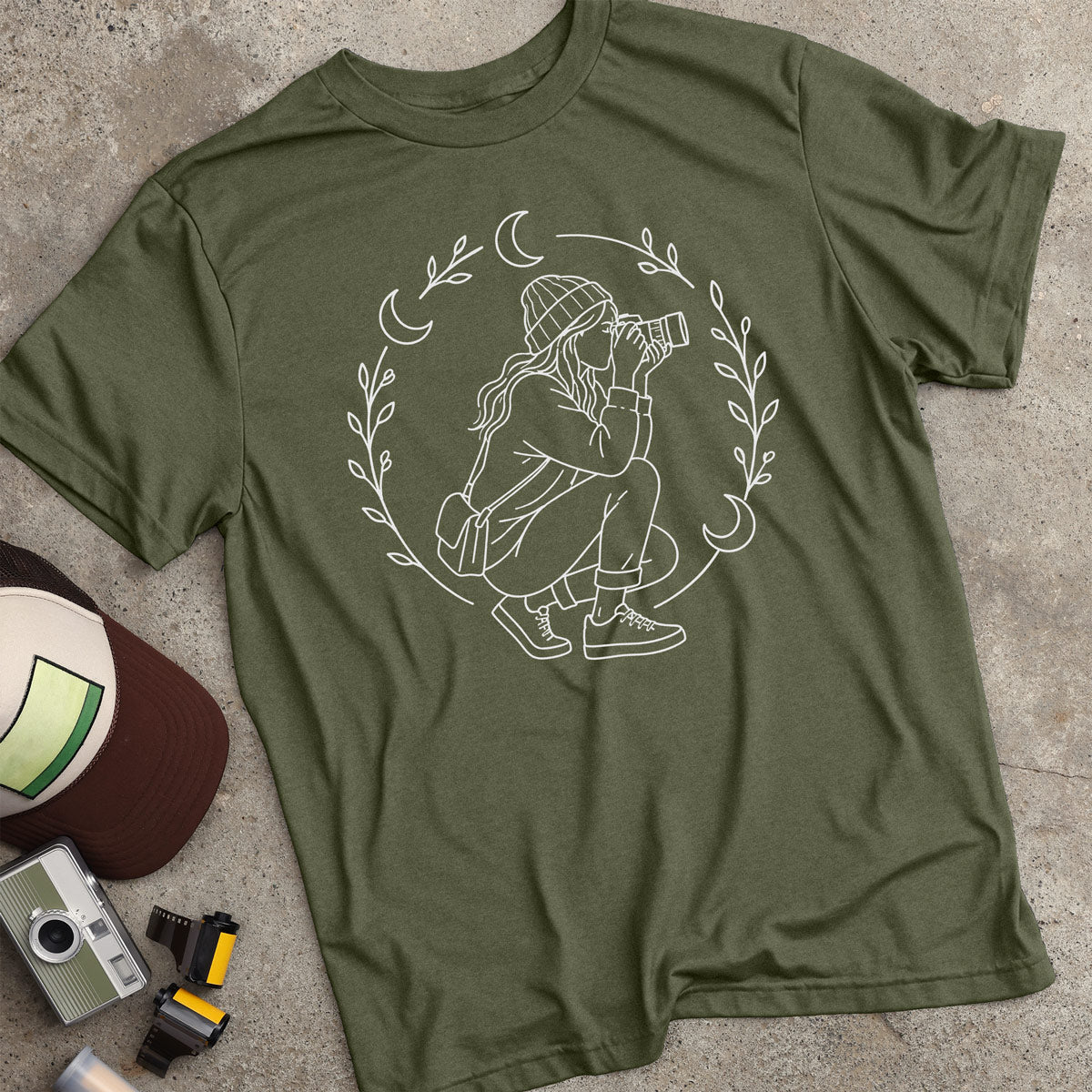 Crouching Photographer W/ Lunar & Floral T-Shirt