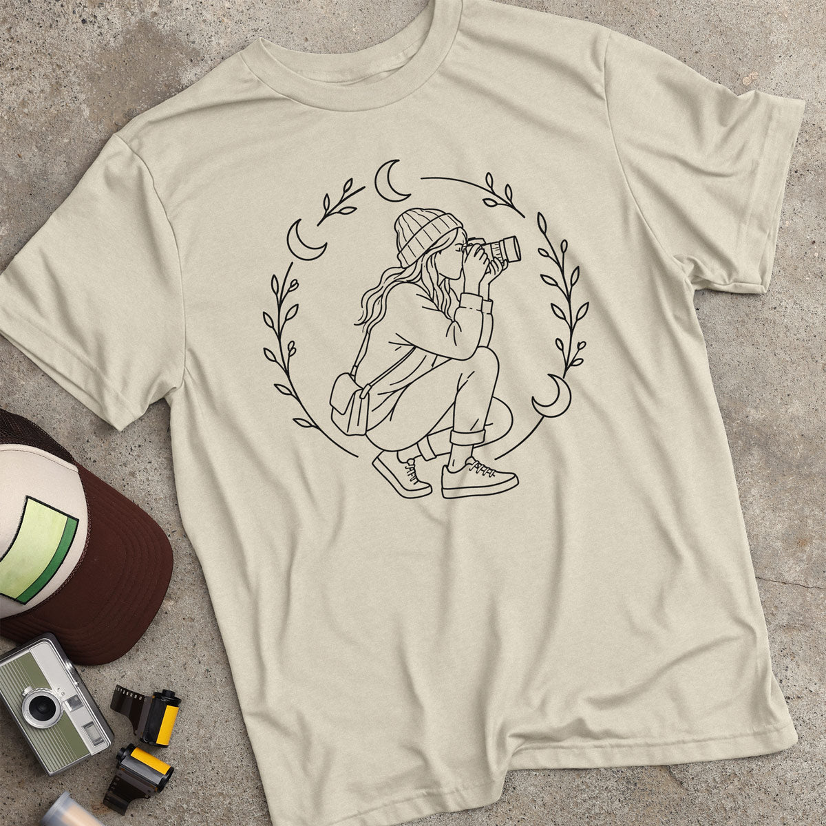 Crouching Photographer W/ Lunar & Floral T-Shirt